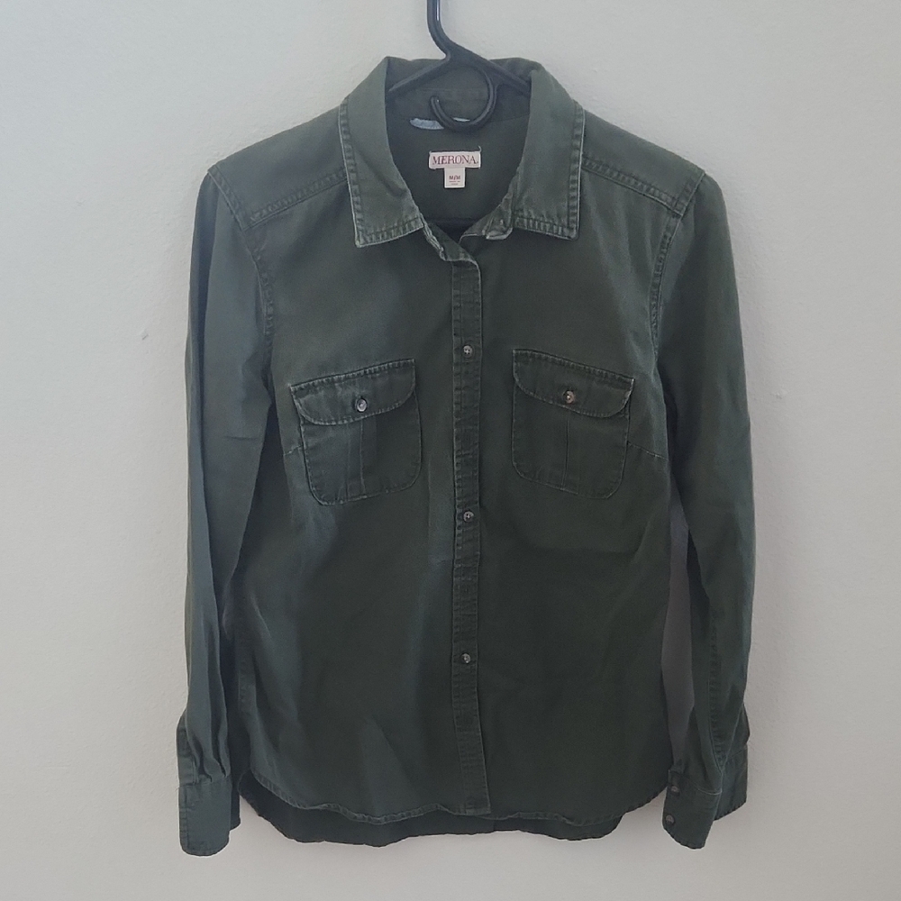 Merona Olive Green Utility Button Down Shirt Long Sleeve